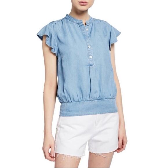 Frame Denim Rowan Chambray Blue Henley Flutter Sleeve Blouse Size Large - Picture 1 of 6